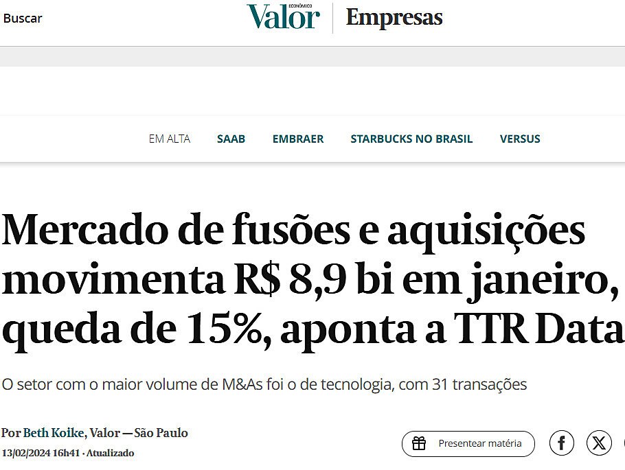 Mercado de fuses e aquisies movimenta R$ 8,9 bi em janeiro, queda de 15%, aponta a TTR Data
